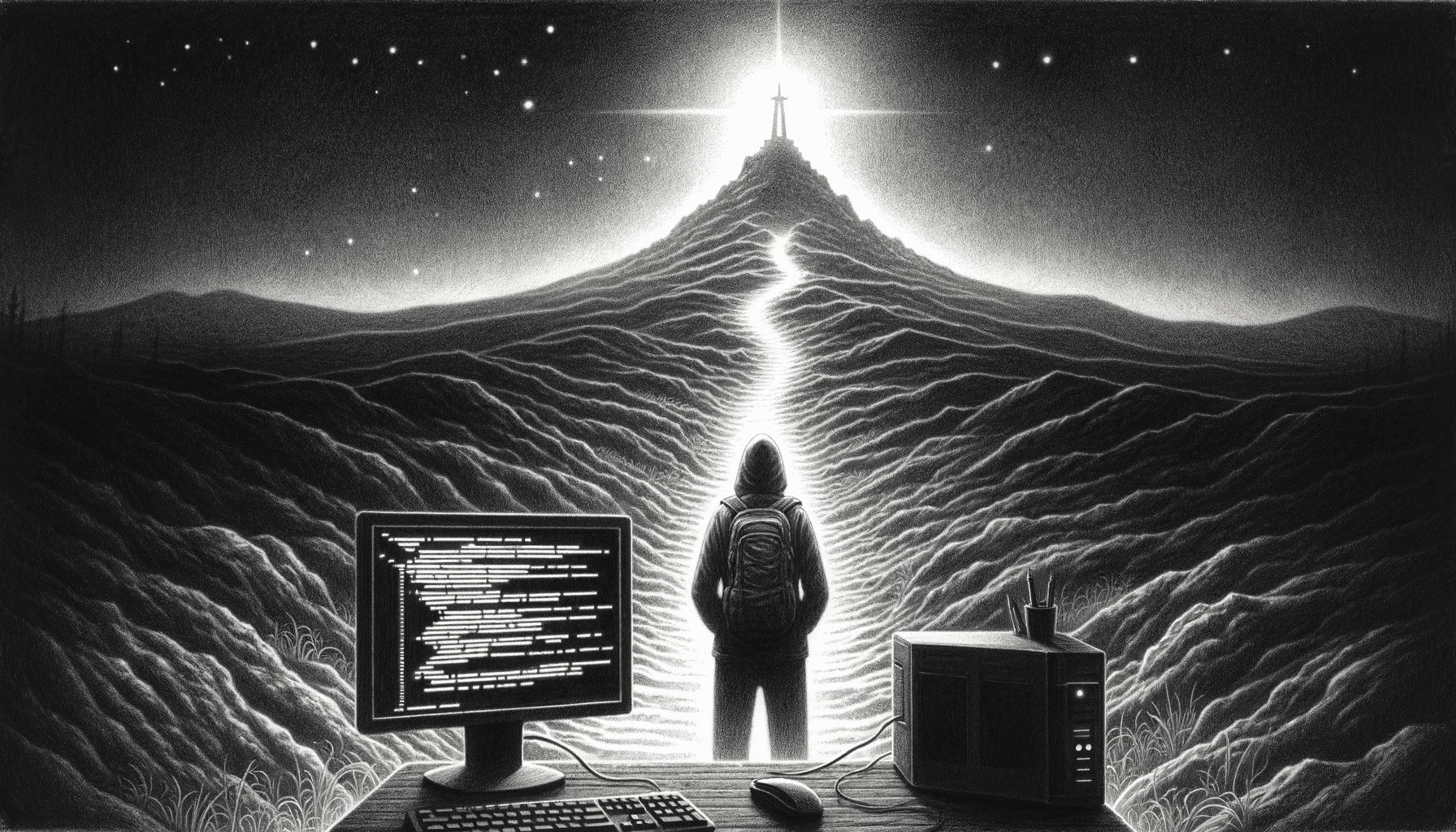 AI Product Development Journey (Header Image): An engineer and computer
peering off into the distance searching for evaluation
enlightenment